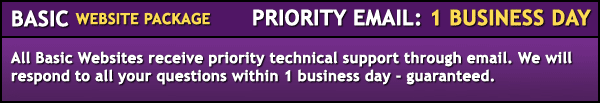 Basic package. Priority email support of 1 business day. All basic websites receive priority technical support through email. We will respond to all your questions within 1 business day - guaranteed.